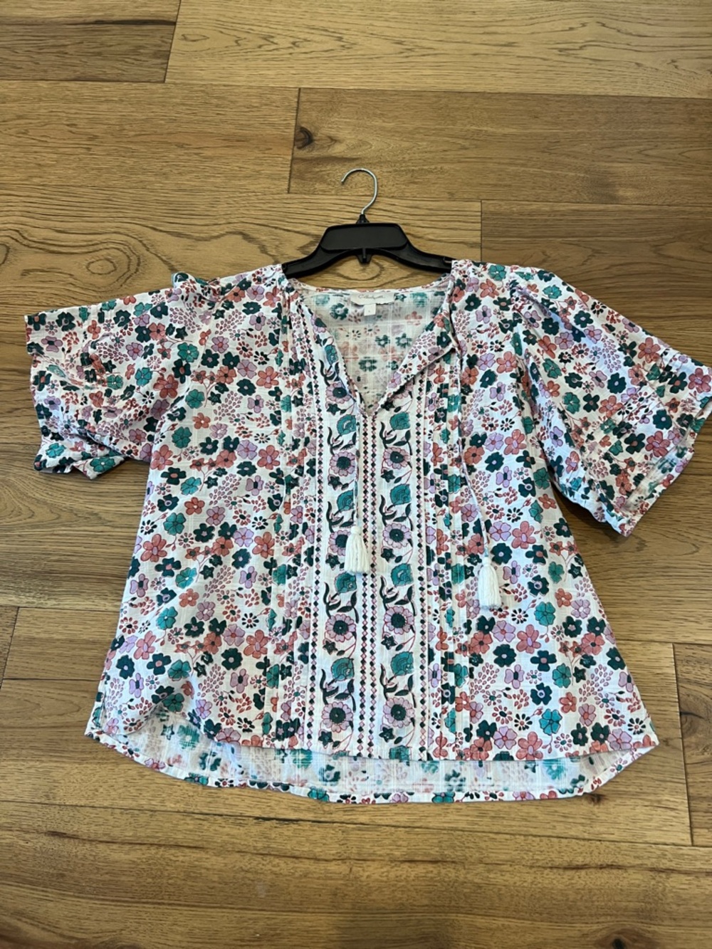 Cleobella White Floral Tassel Peasant Top with Teal & Pink Accents